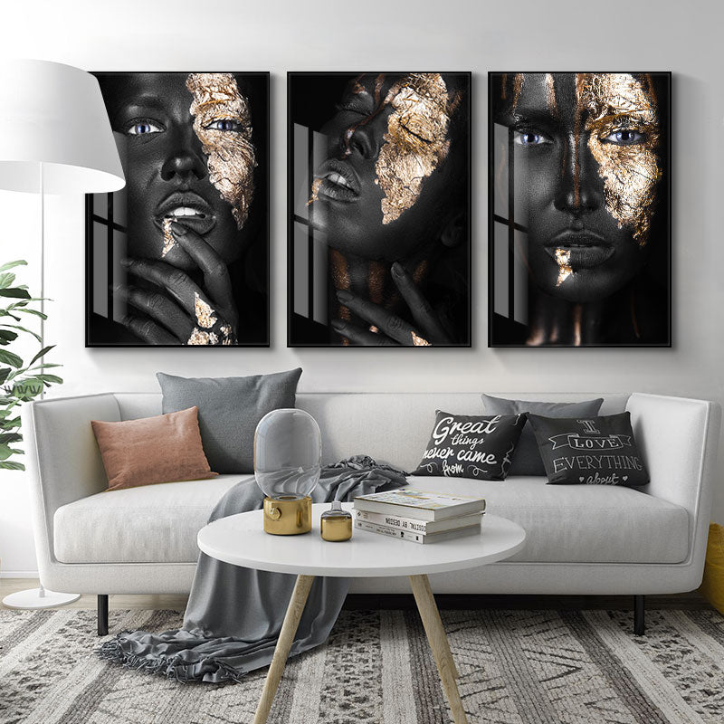 Living Room Wall Art- Black & Gold Woman. Painting Photo Canvas Print. WickedYo